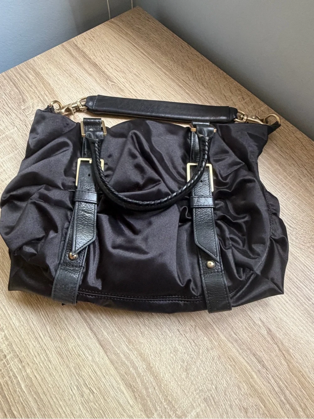 Black Satchel Handbag with Gold Hardware - Unbranded